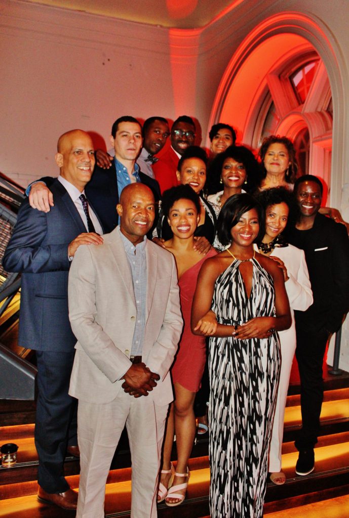 The cast and creative team including Director Kwame Kwei-Armah and Playwright Nambi E. Kelley celebrate a successful opening night at the new Deering Lounge.